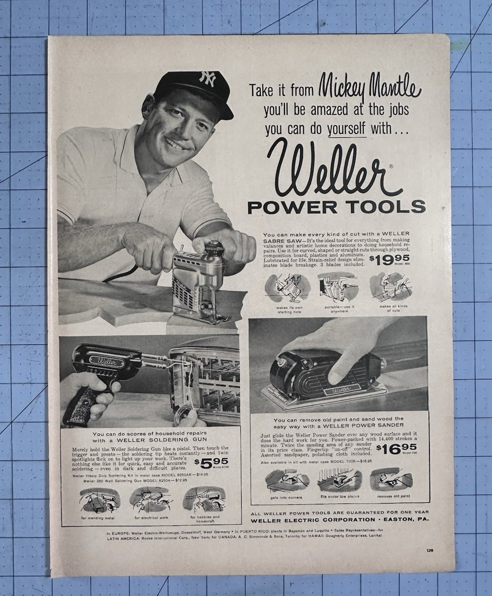 Vintage 1958 Mickey Mantle Weller Power Tools Print Ad